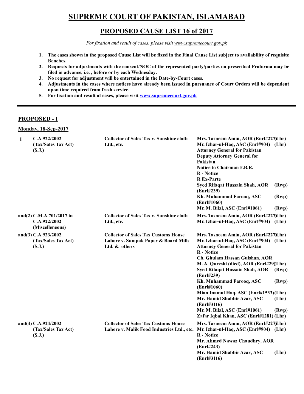 SUPREME COURT of PAKISTAN, ISLAMABAD PROPOSED CAUSE LIST 16 of 2017