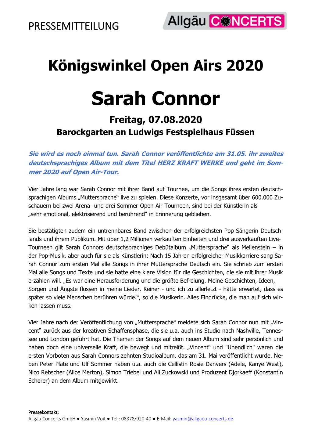 Sarah Connor Freitag, 07.08.2020 Barockgarten an Ludwigs Festspielhaus Füssen