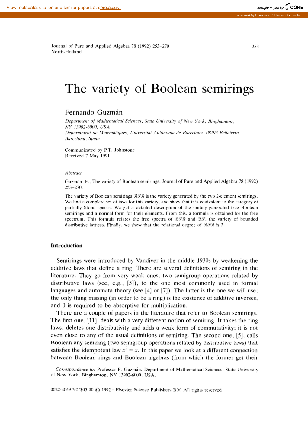 The Variety of Boolean Semirings