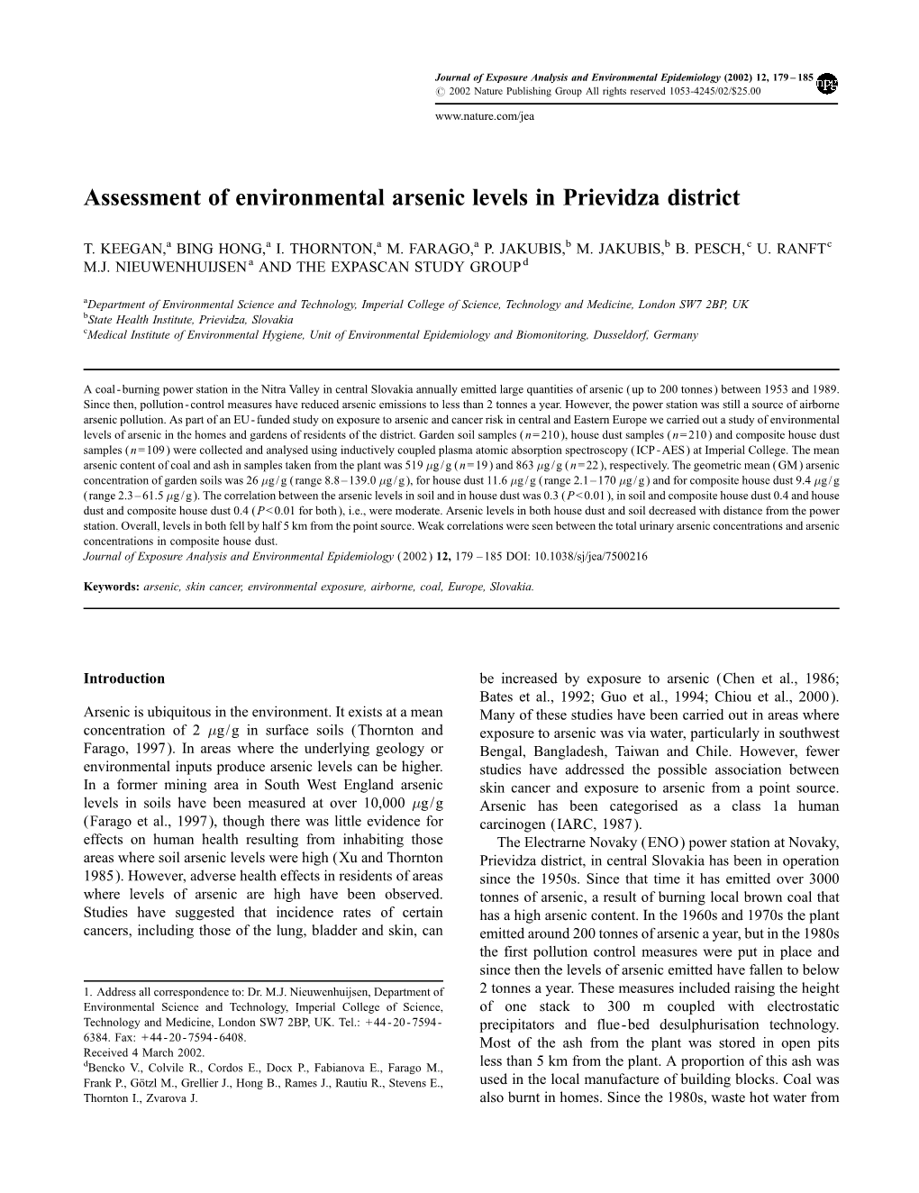 Assessment of Environmental Arsenic Levels in Prievidza District