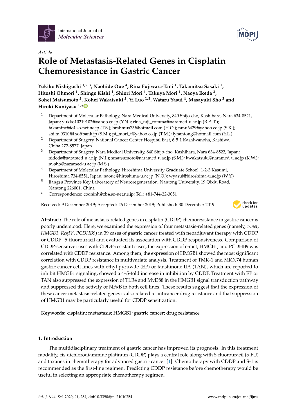 Role of Metastasis-Related Genes in Cisplatin Chemoresistance in Gastric Cancer