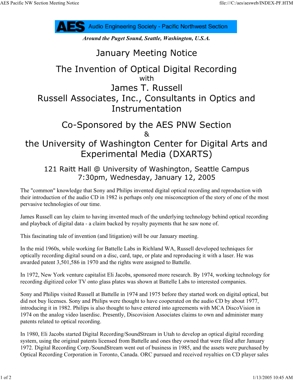 January Meeting Notice the Invention of Optical Digital Recording James