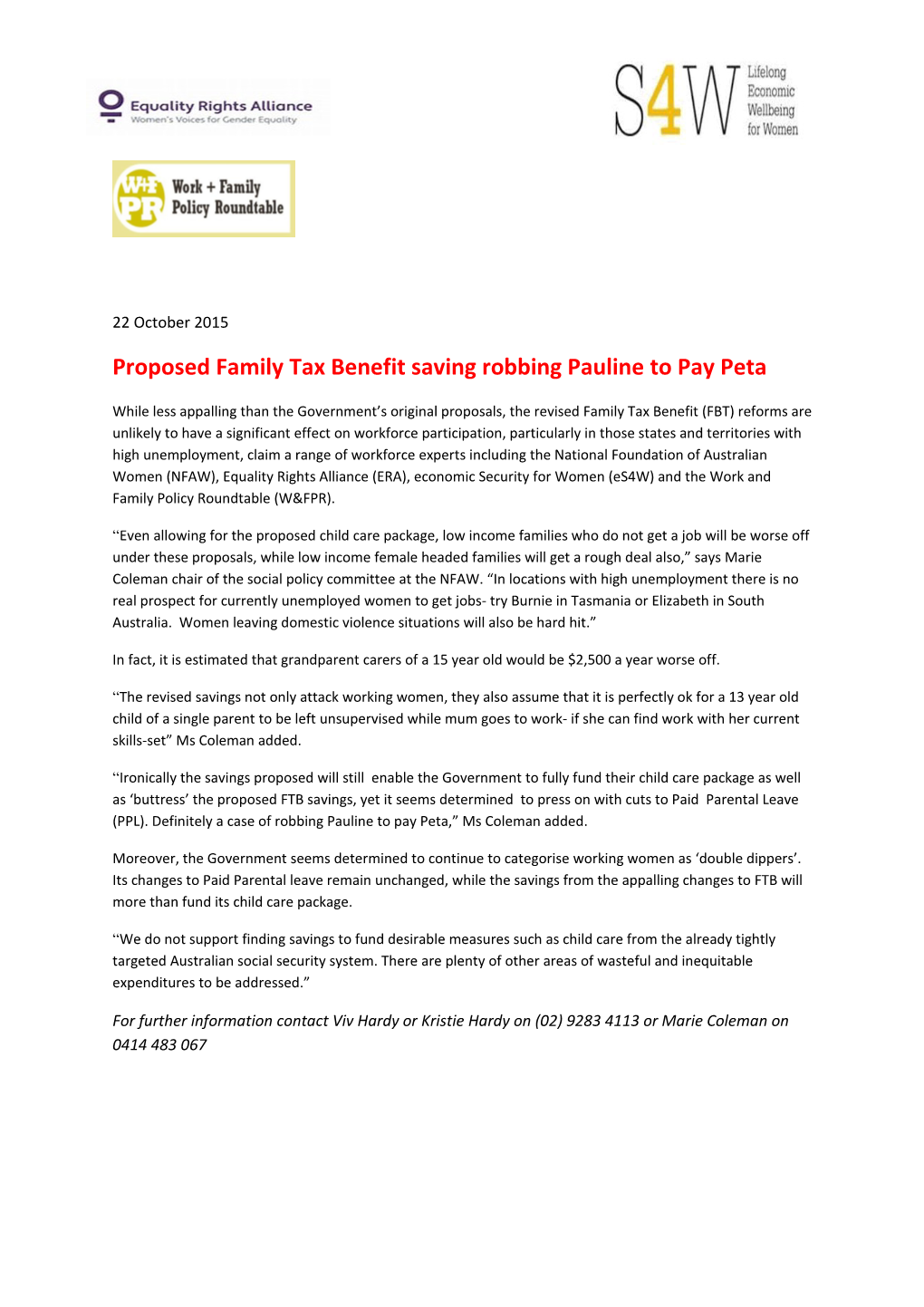 Proposed Family Tax Benefit Saving Robbing Pauline to Pay Peta