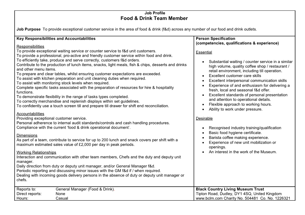 Job Profile and Person Specification