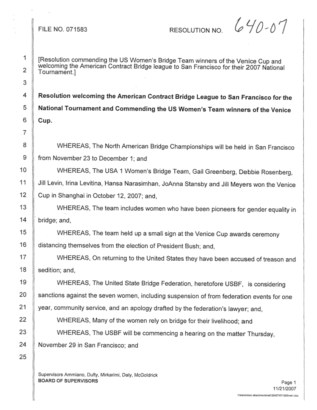 Resolution Commending the US Women's Bridge Team Winners Of