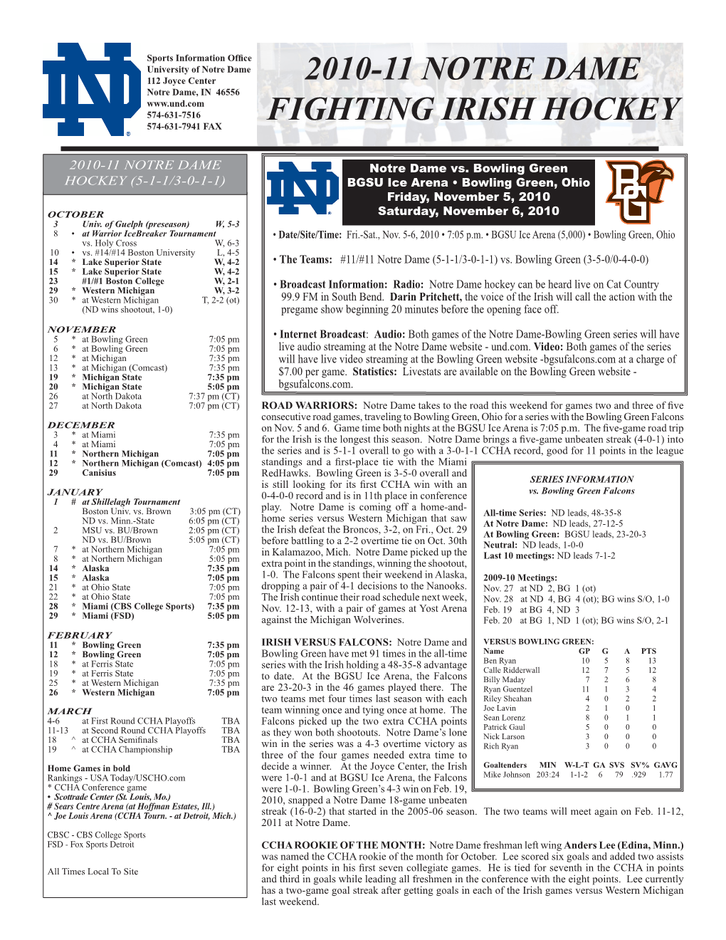 2010-11 Notre Dame Fighting Irish Hockey Game Notes • Page 2 HEAD COACH JEFF JACKSON the RANKINGS: Notre Dame Enters the Week ANOTHER MILESTONE: Notre Dame’S Oct