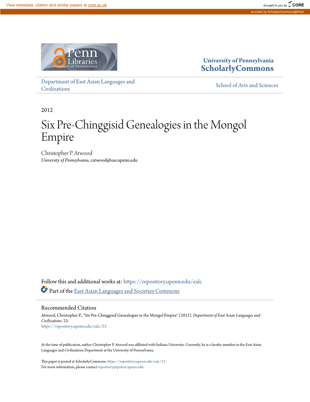 Six Pre-Chinggisid Genealogies in the Mongol Empire Christopher P