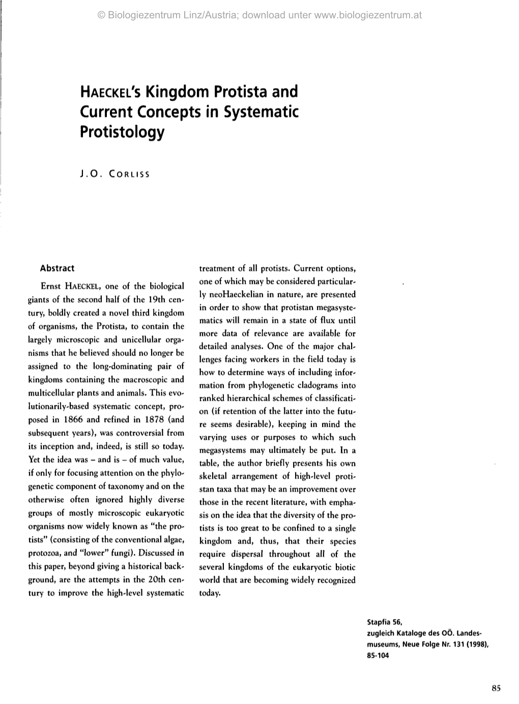 HAECKEL's Kingdom Protista and Current Concepts in Systematic Protistology