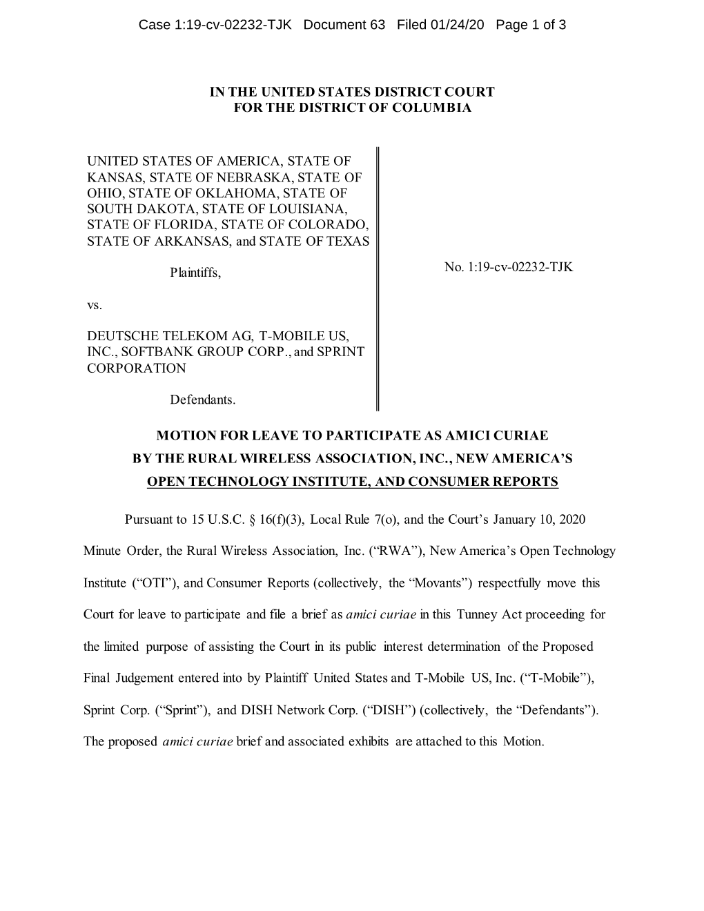 Case 1:19-Cv-02232-TJK Document 63 Filed 01/24/20 Page 1 of 3