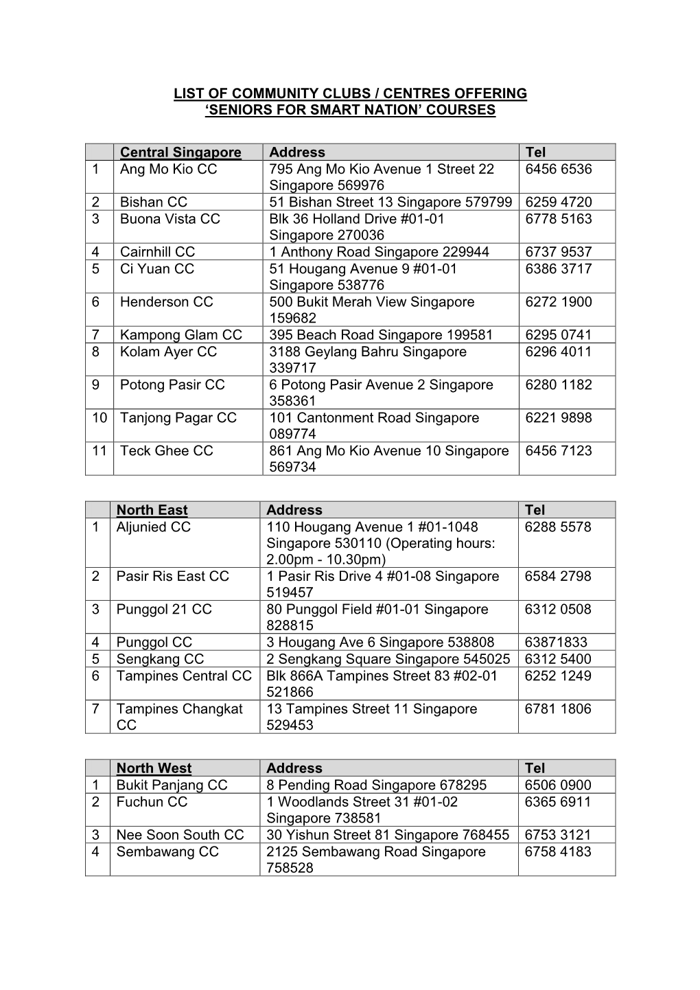 List of Community Clubs / Centres Offering 'Seniors