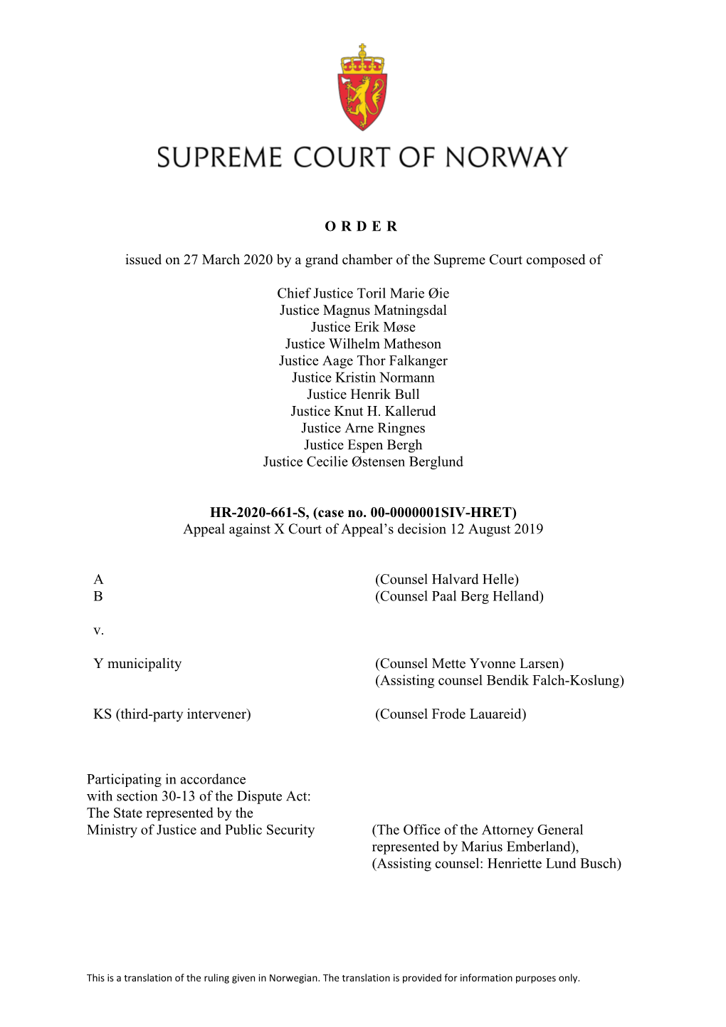 ORDER Issued on 27 March 2020 by a Grand Chamber of the Supreme