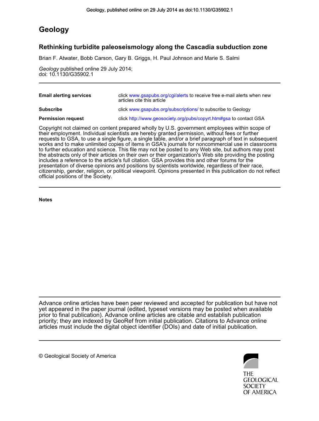 Geology, Published Online on 29 July 2014 As Doi:10.1130/G35902.1