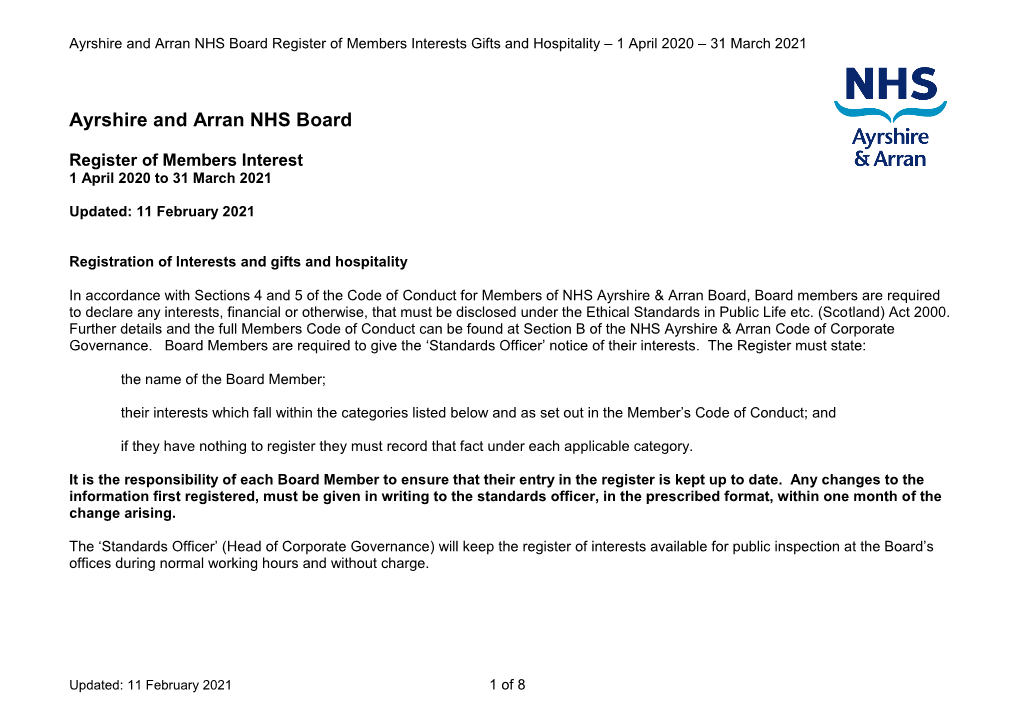 Ayrshire and Arran NHS Board Register of Members Interests Gifts and Hospitality – 1 April 2020 – 31 March 2021