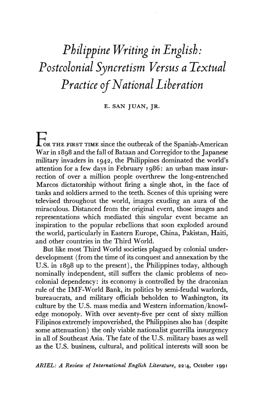 Philippine Writing in English: Postcolonial Syncretism Versus a Textual Practice of National Liberation