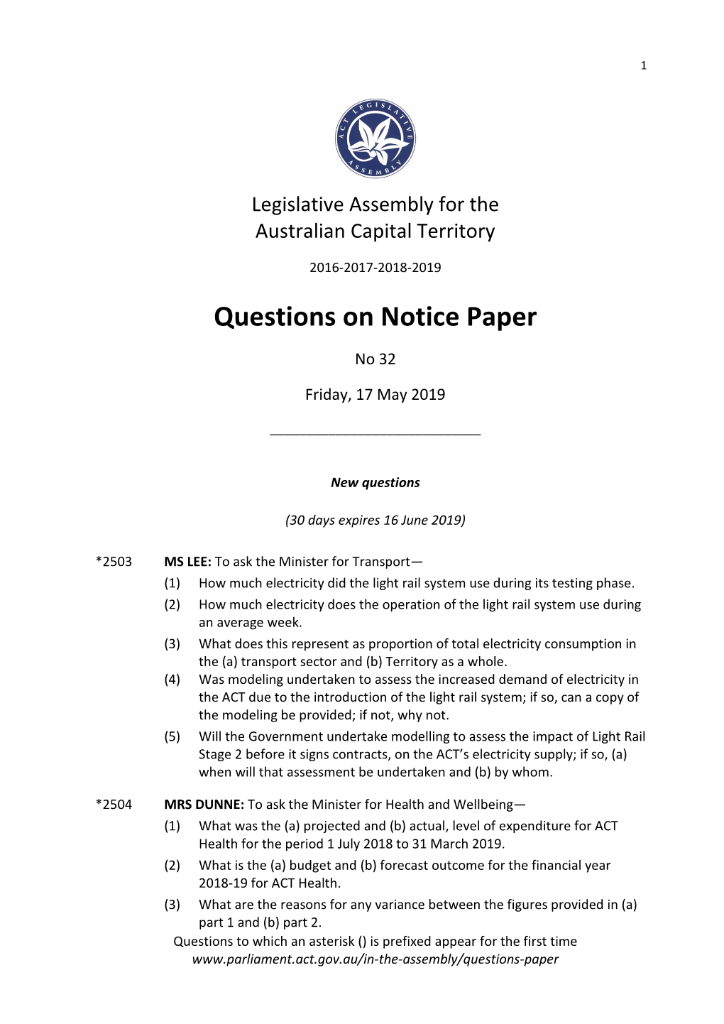 Questions on Notice Paper