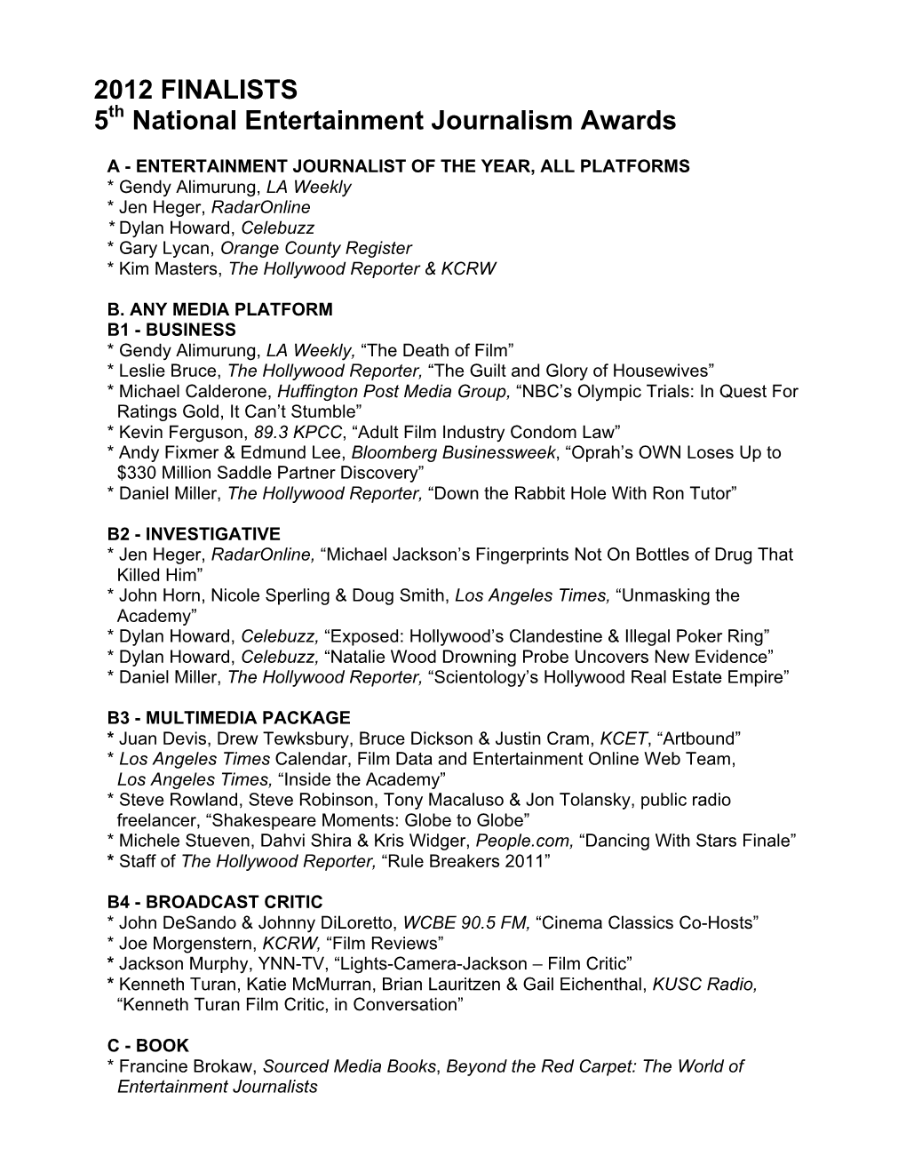 2012 FINALISTS 5Th National Entertainment Journalism Awards