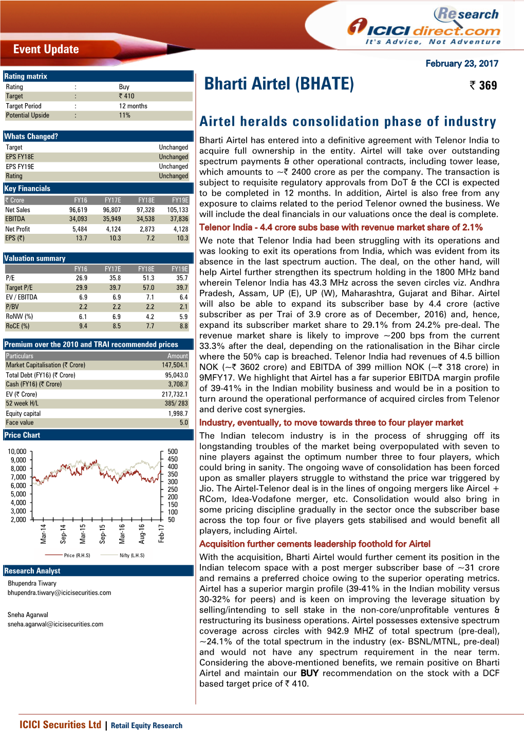 Bharti Airtel (BHATE) | 369 Target : | 410 Target Period : 12 Months Potential Upside : 11%
