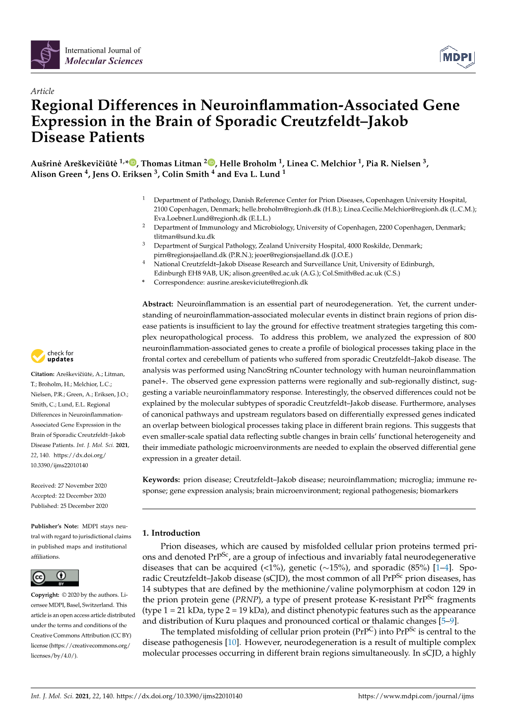 Regional Differences in Neuroinflammation-Associated Gene Expression in the Brain of Sporadic Creutzfeldt–Jakob Disease Patien
