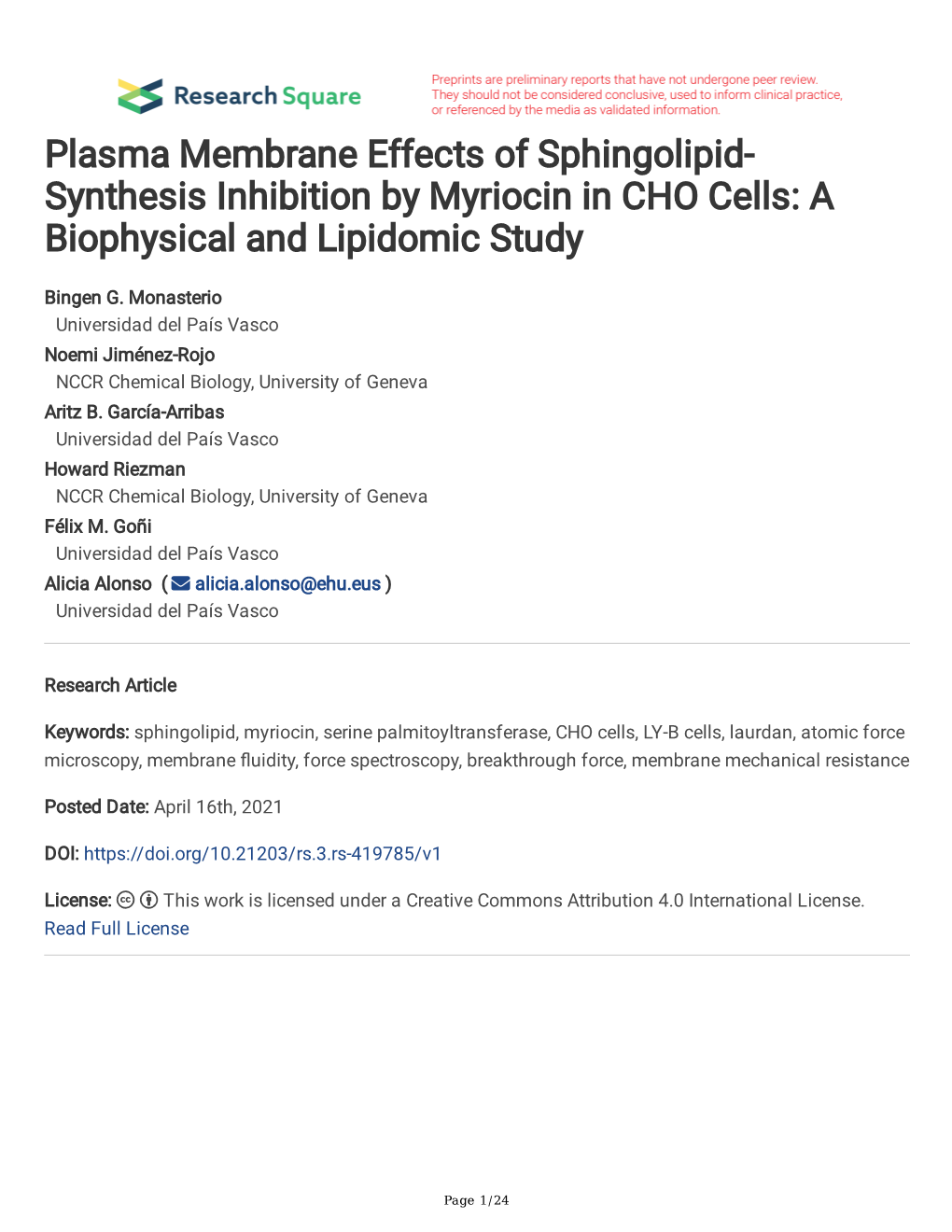 Synthesis Inhibition by Myriocin in CHO Cells: a Biophysical and Lipidomic Study