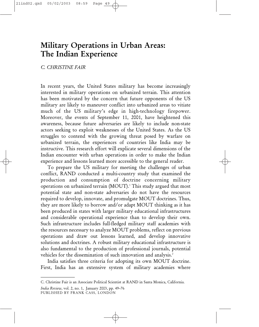 Military Operations in Urban Areas: the Indian Experience