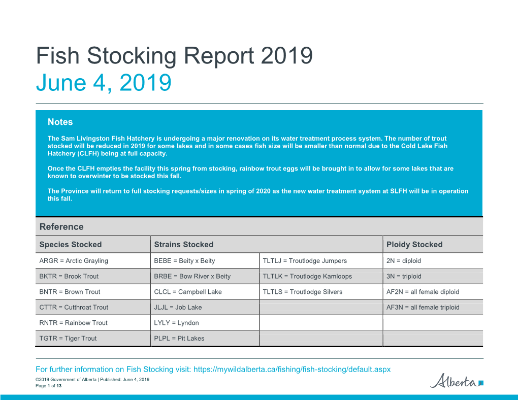 Fish Stocking Report September 2018