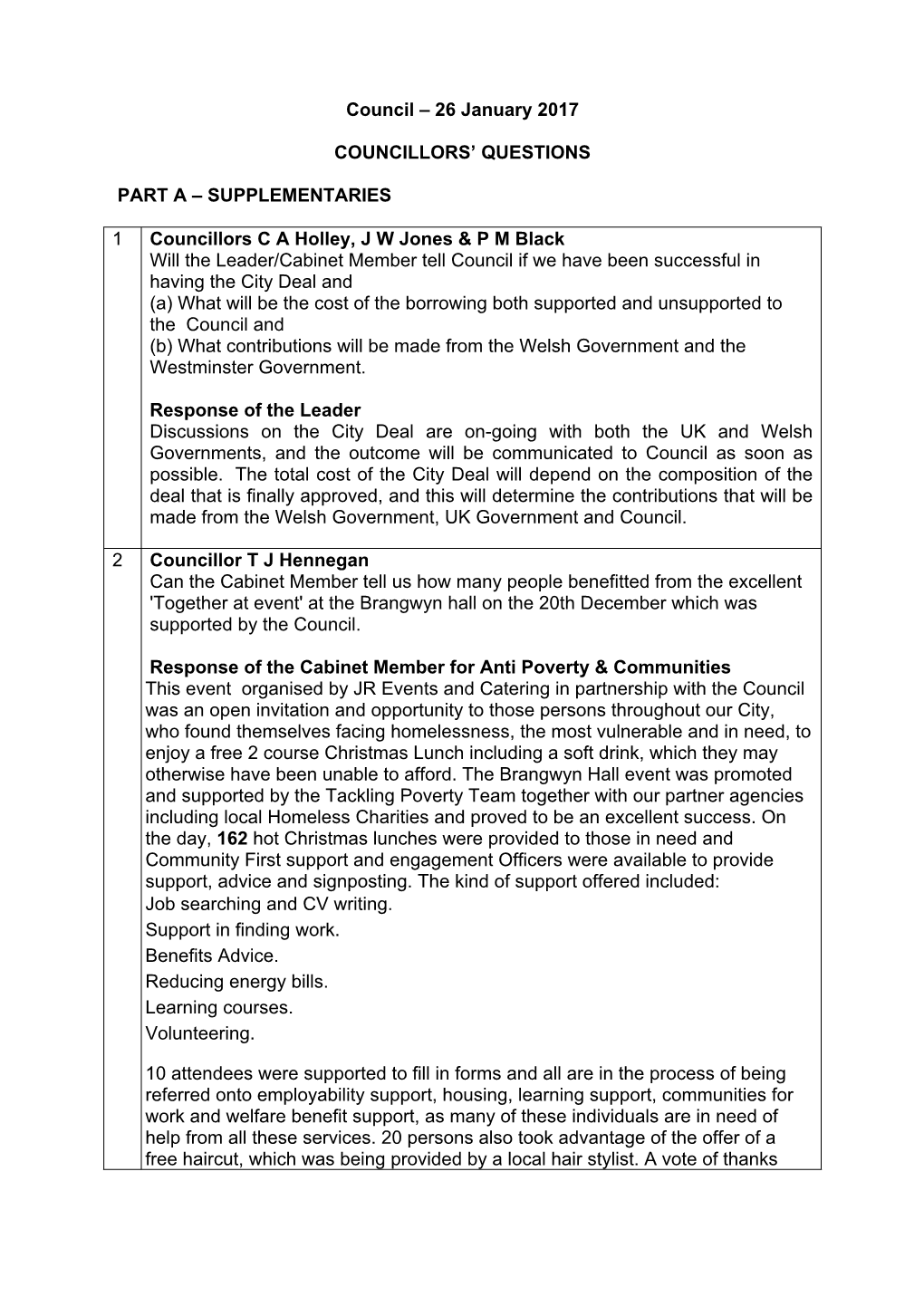 Council – 26 January 2017 COUNCILLORS' QUESTIONS PART A