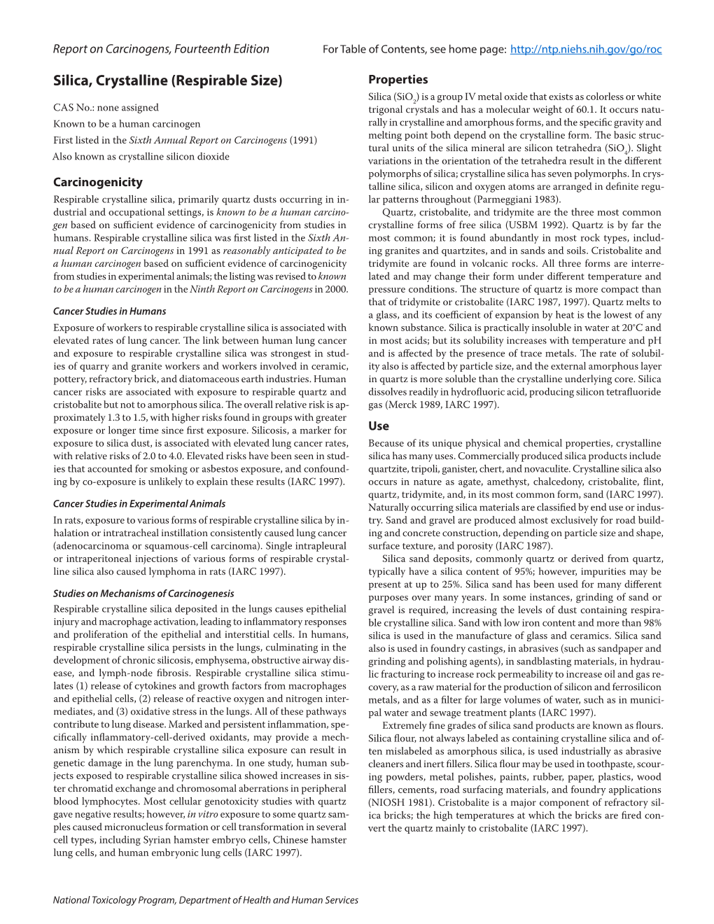 Silica, Crystalline (Respirable Size) Properties