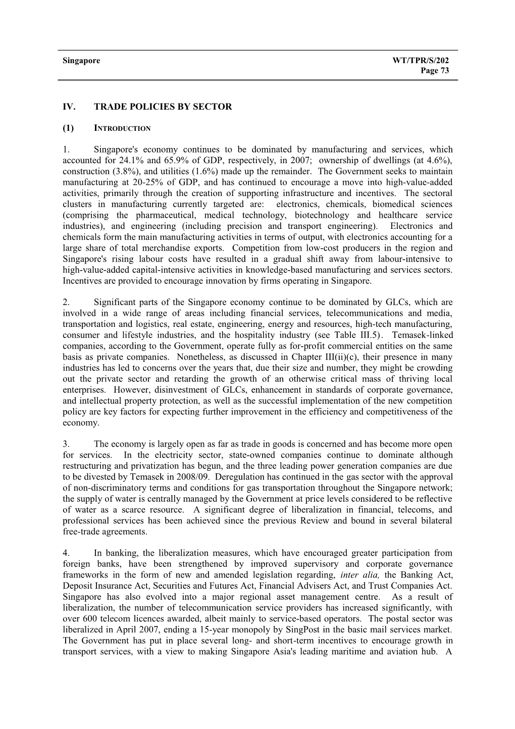 IV. Trade Policies by Sector s8