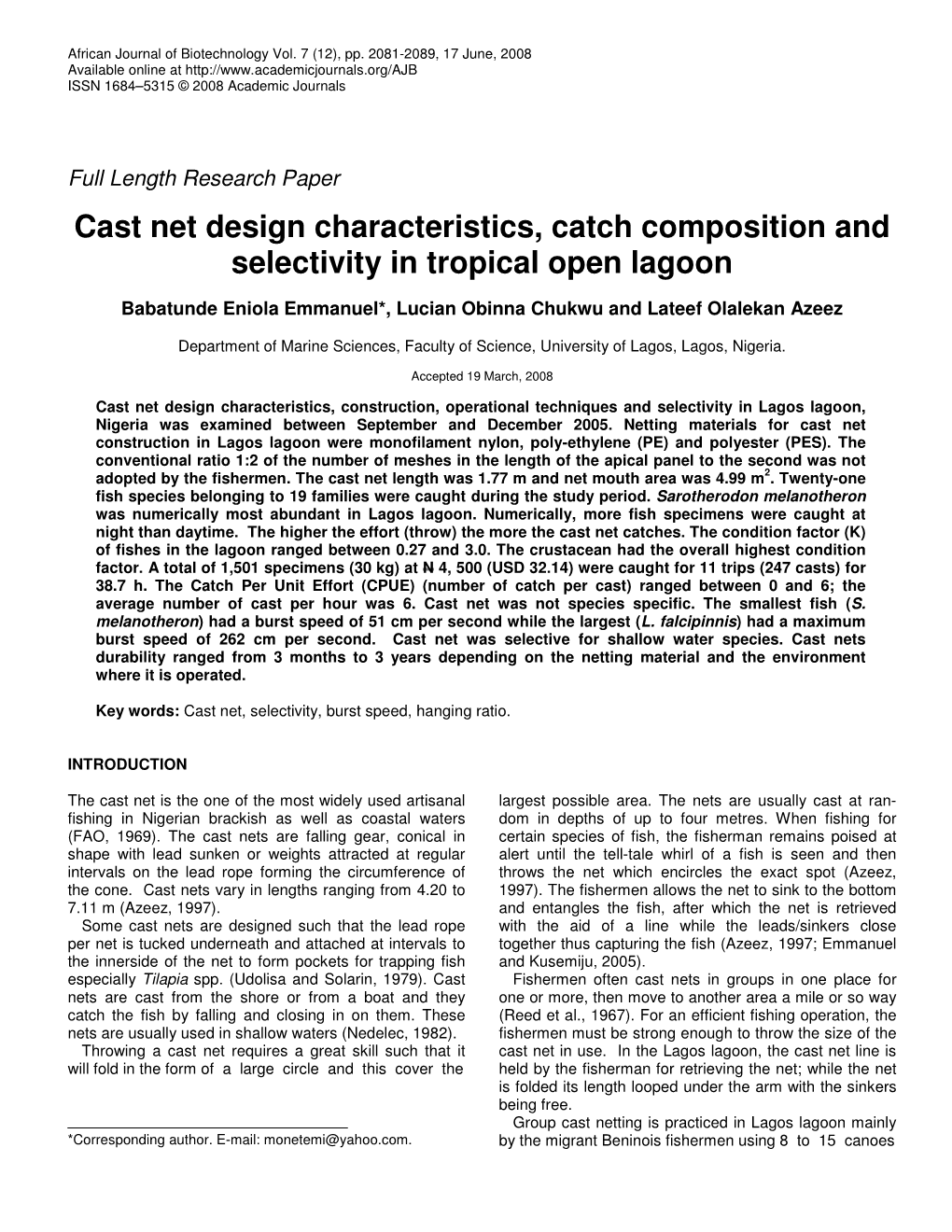 Cast Net Design Characteristics, Catch Composition and Selectivity in Tropical Open Lagoon