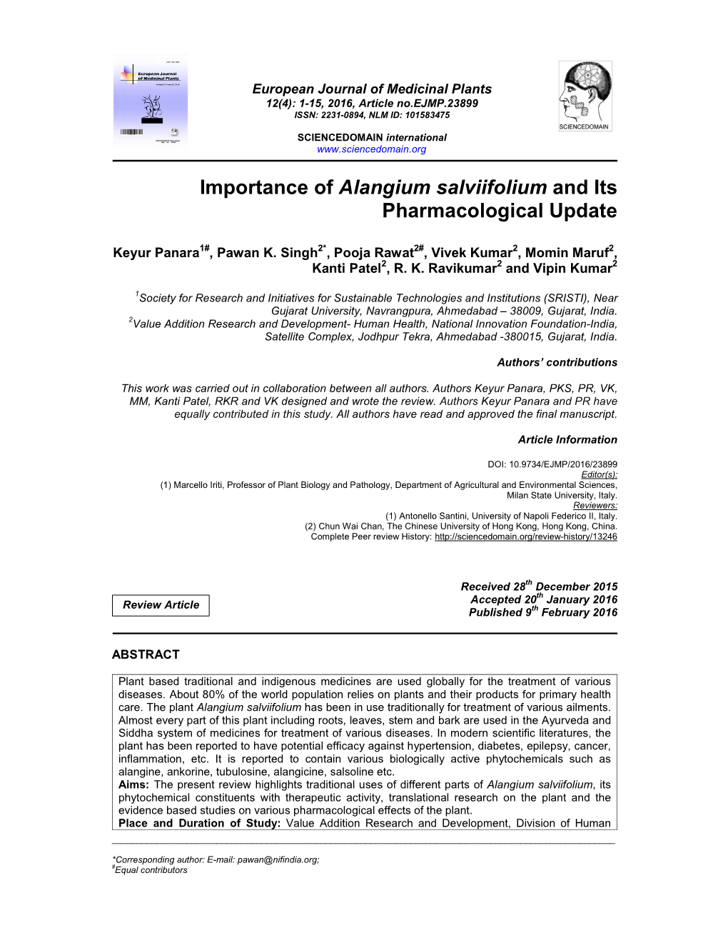 Importance of Alangium Salviifolium and Its Pharmacological Update