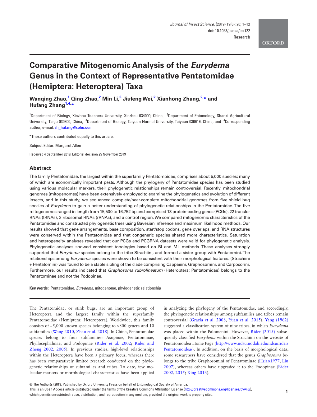 Comparative Mitogenomic Analysis of the Eurydema Genus in the Context of Representative Pentatomidae (Hemiptera: Heteroptera) Taxa