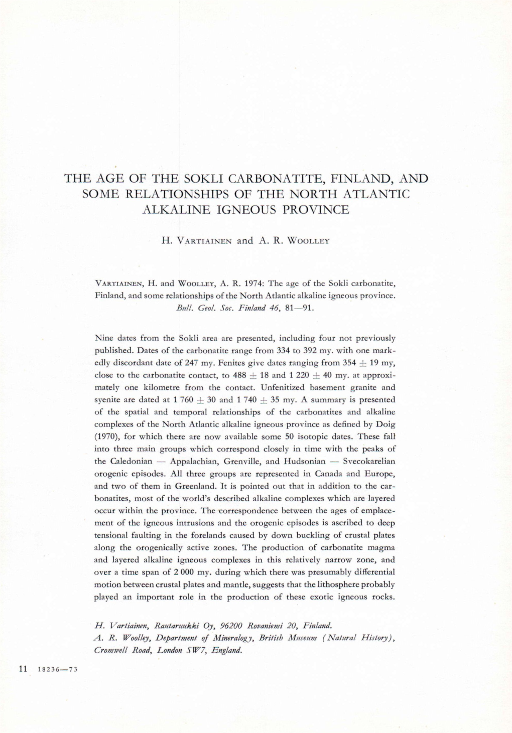 The Age of the Sokli Carbonatite, Finland, and Some Relationships of the North Atlantic Alkaline Igneous Province