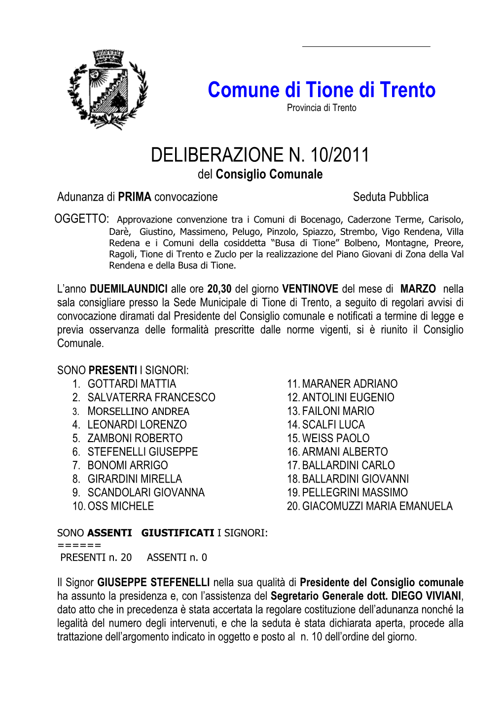 Comune Di Tione Di Trento Provincia Di Trento