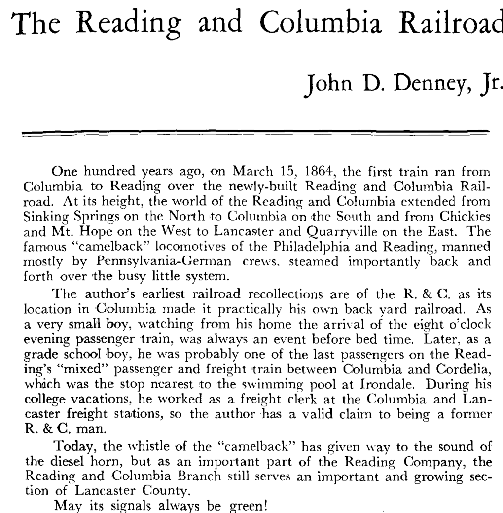 The Reading and Columbia Railroad