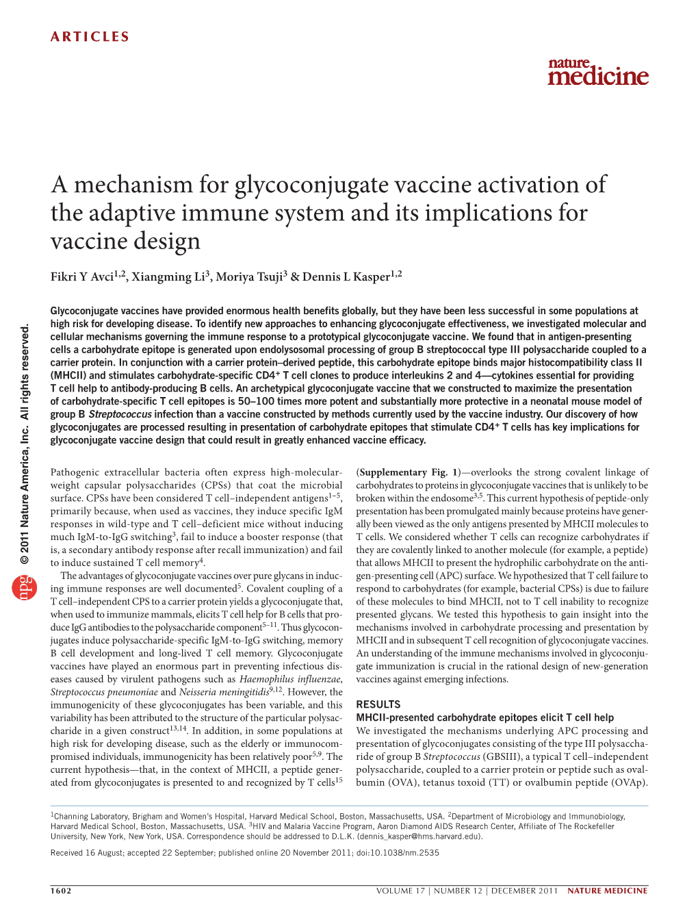 A Mechanism for Glycoconjugate Vaccine Activation of the Adaptive Immune System and Its Implications for Vaccine Design