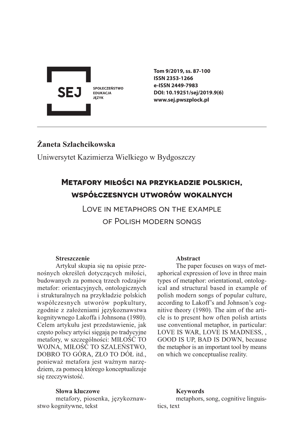 Metafory Miłości Na Przykładzie Polskich, Współczesnych Utworów Wokalnych Love in Metaphors on the Example of Polish Modern Songs