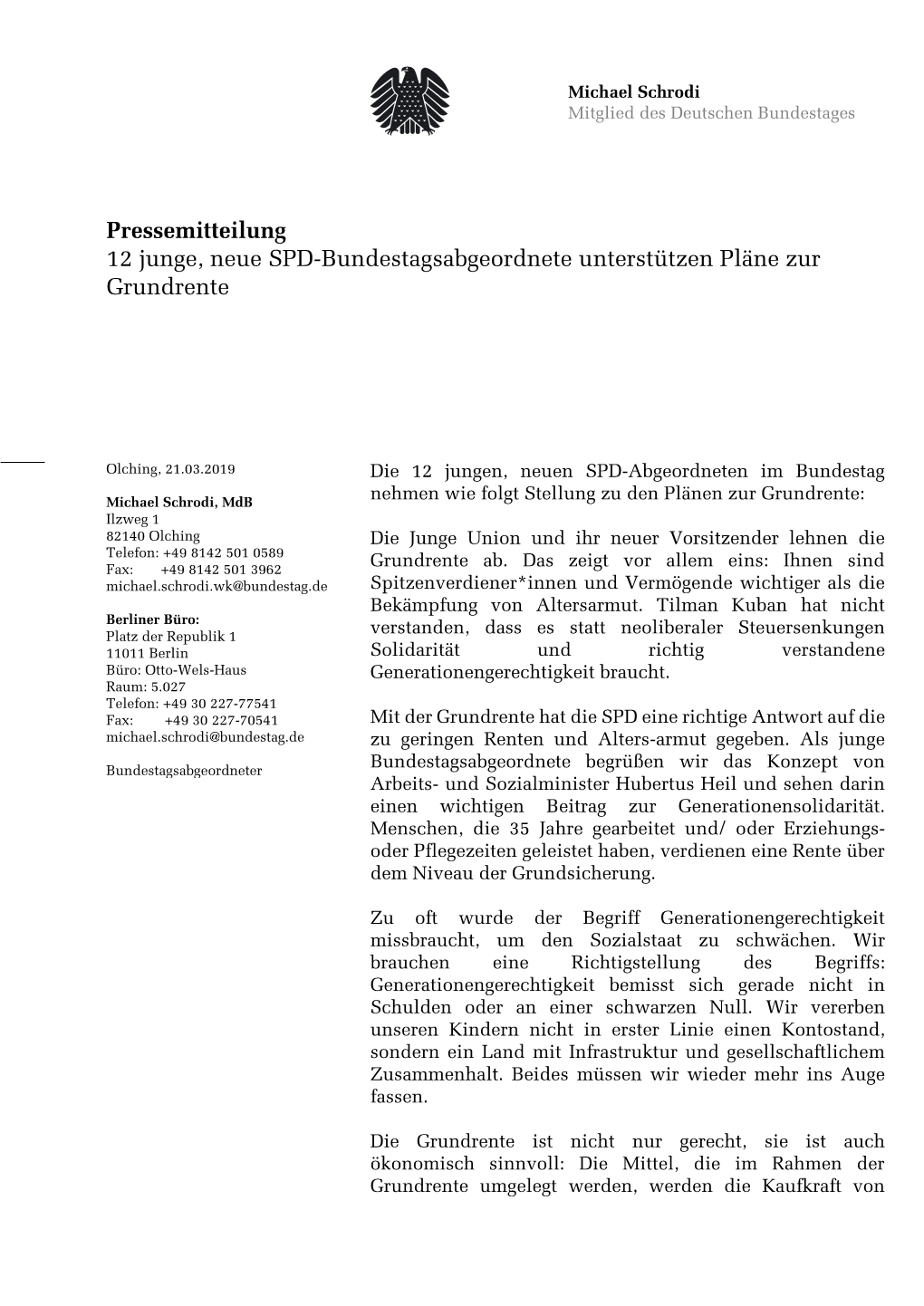 Pressemitteilung 12 Junge, Neue SPD-Bundestagsabgeordnete Unterstützen Pläne Zur Grundrente