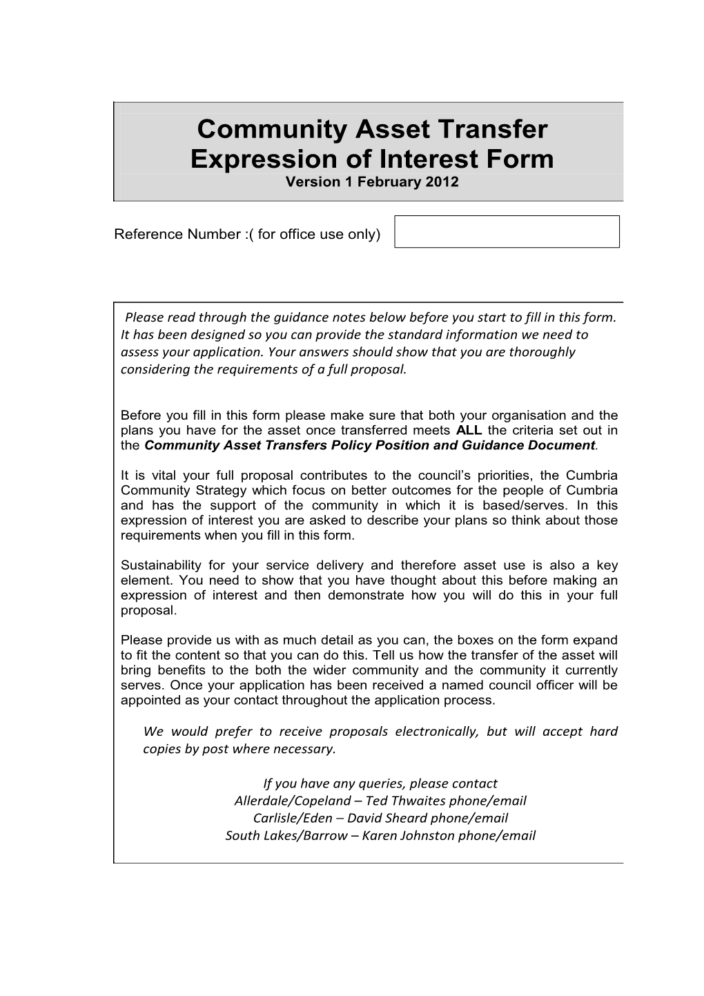 Community Asset Transfer Expression of Interest Form Version 1 February 2012