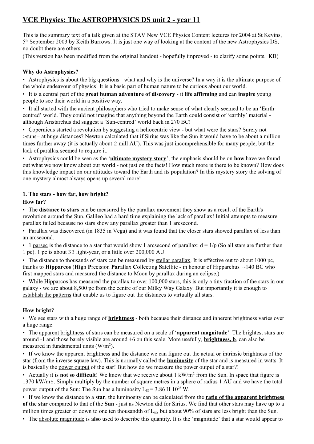 VCE Physics: the ASTROPHYSICS DS Unit 2 - Year 11