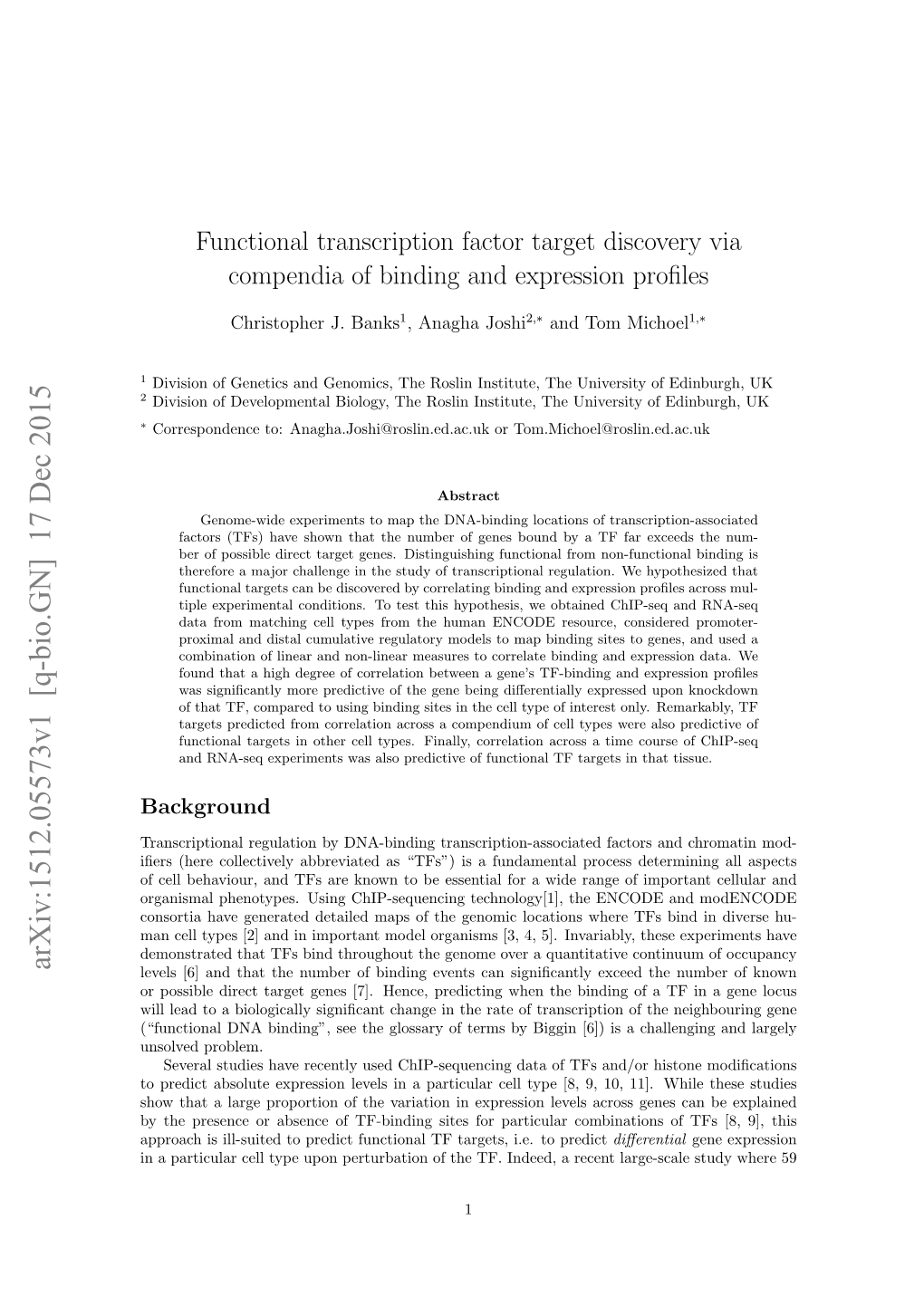 Functional Transcription Factor Target Discovery Via Compendia of Binding and Expression Proﬁles