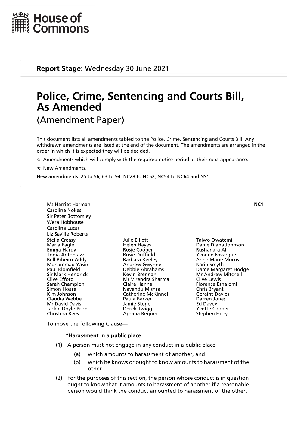 An Amendment to the Police, Crime, Sentencing and Courts Bill