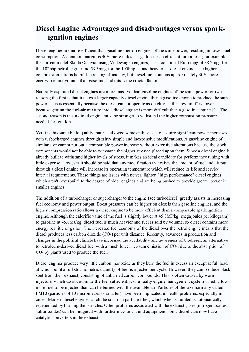 Diesel Engine Advantages and Disadvantages Versus Spark-Ignition Engines