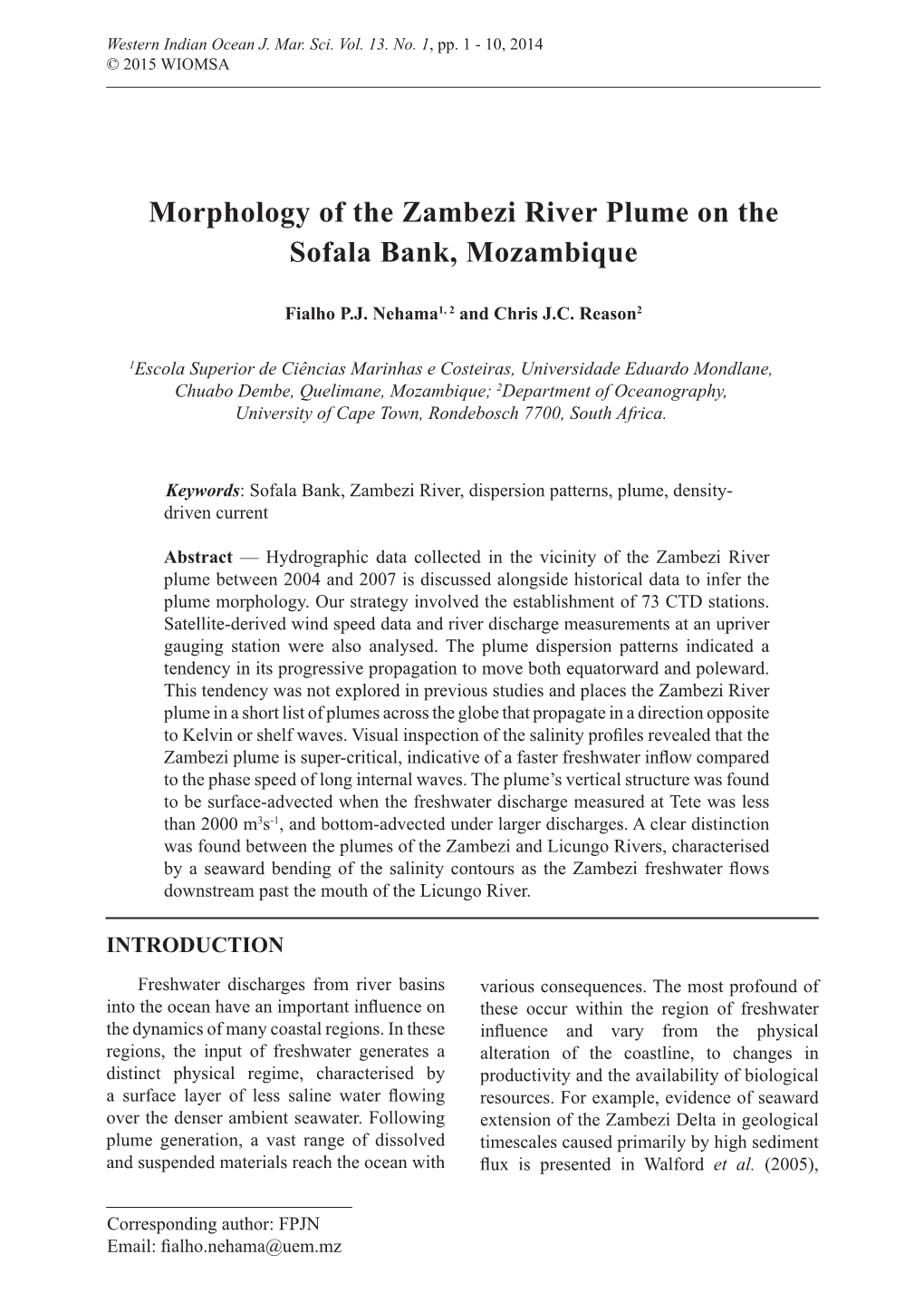 Morphology of the Zambezi River Plume on the Sofala Bank, Mozambique