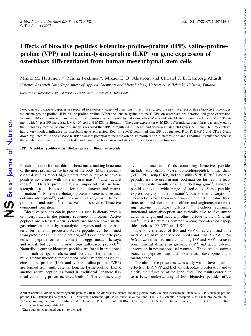 Effects of Bioactive Peptides Isoleucine-Proline-Proline (IPP