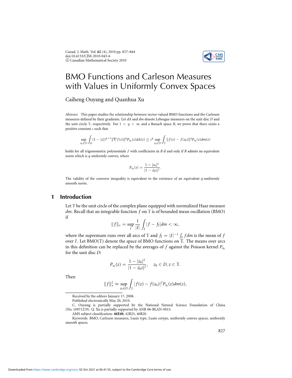 BMO Functions and Carleson Measures with Values in Uniformly Convex Spaces