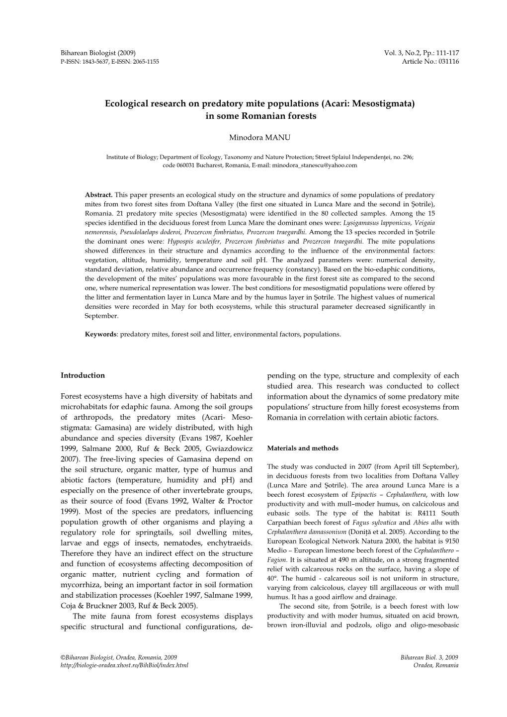 Ecological Research on Predatory Mite Populations (Acari: Mesostigmata) in Some Romanian Forests