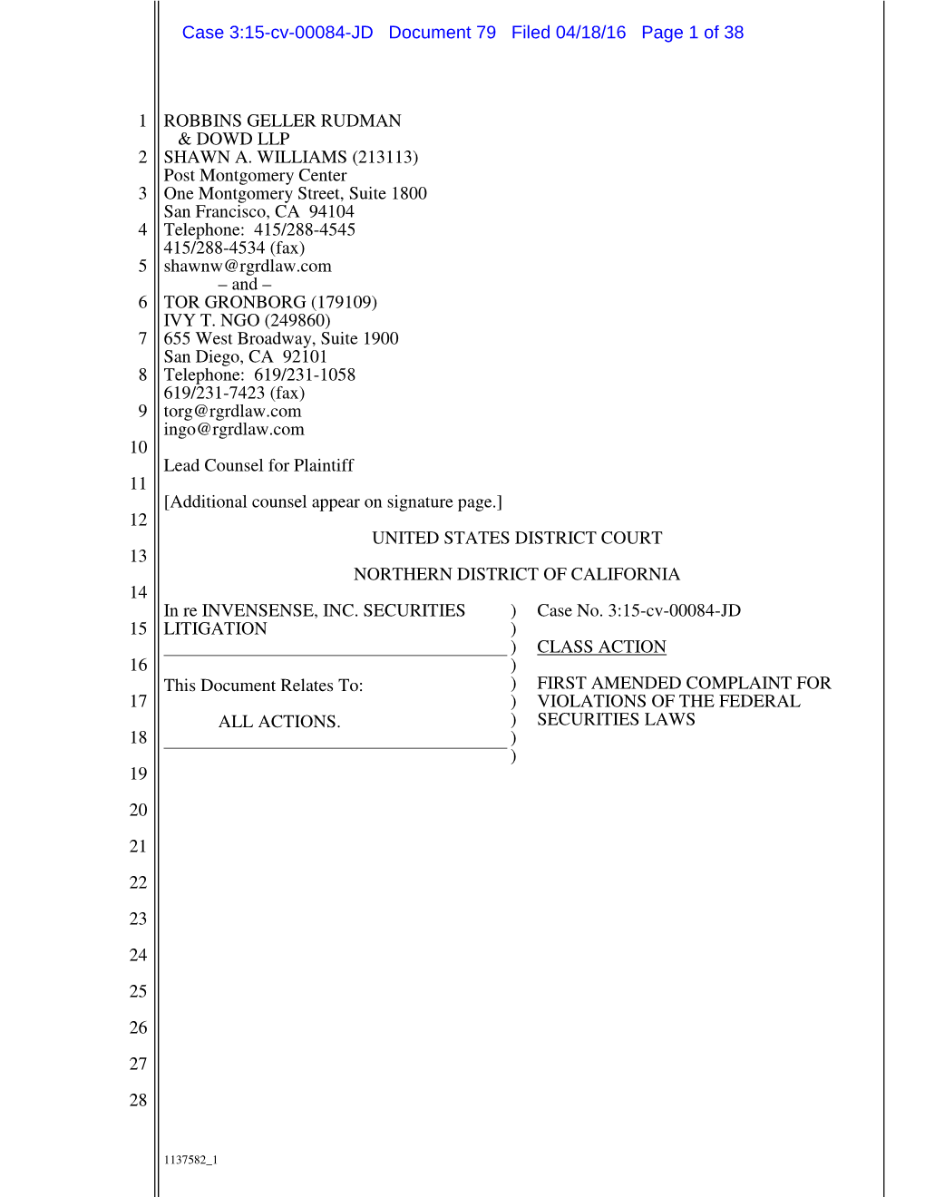 In Re Invensense, Inc. Securities Litigation 15-CV-00084-First