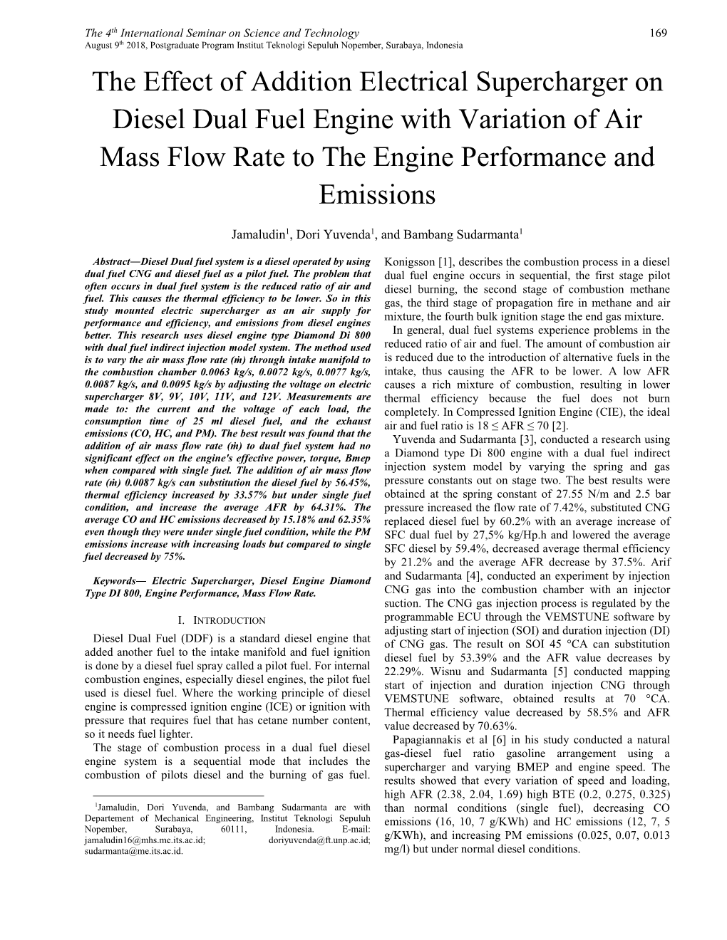 The Effect of Addition Electrical Supercharger on Diesel Dual Fuel Engine with Variation of Air Mass Flow Rate to the Engine Performance and Emissions