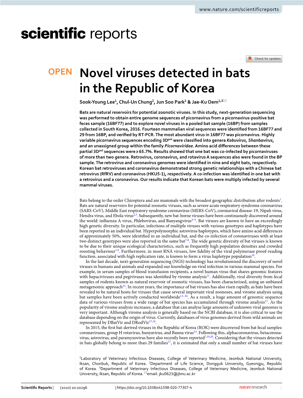 Novel Viruses Detected in Bats in the Republic of Korea Sook‑Young Lee1, Chul‑Un Chung2, Jun Soo Park1 & Jae‑Ku Oem1,3*