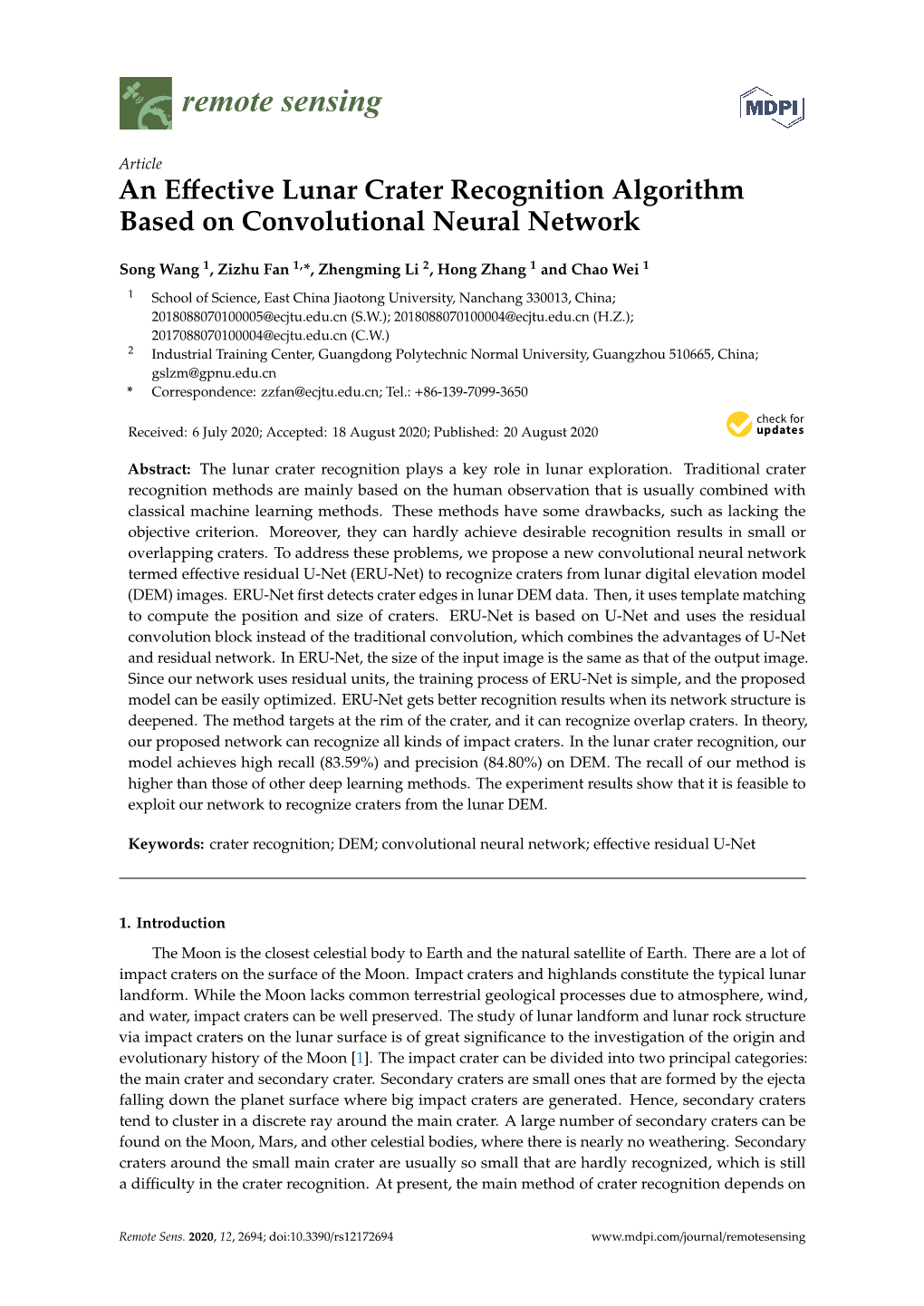 An Effective Lunar Crater Recognition Algorithm Based on Convolutional Neural Network